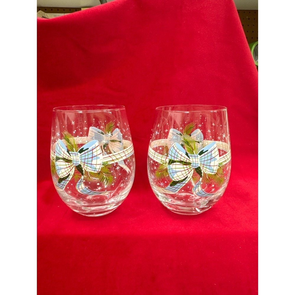 Vera Bradley Holiday Ribbon Stemless Wine Glasses 16 oz. Brand New In Box
